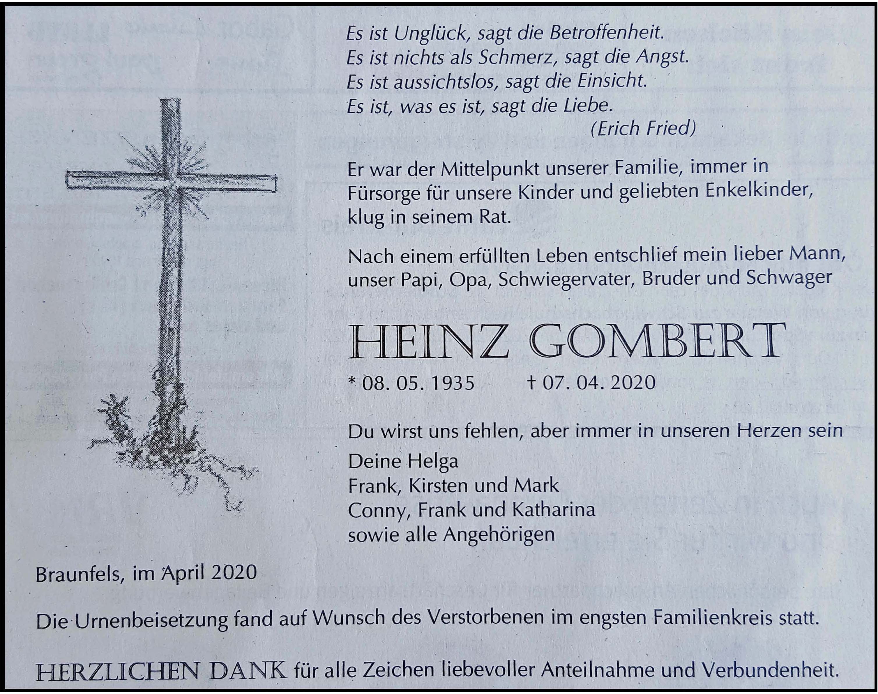 Heinz Gombert 2020 Todesanzeige 2020 WEB