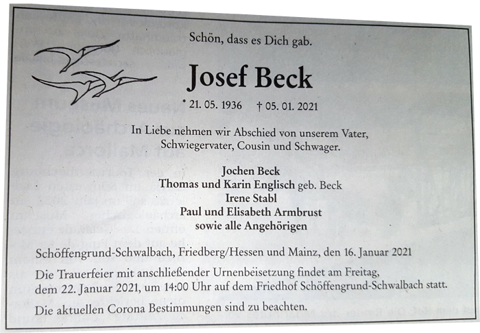Josef Beck verstorben 05.01.2021