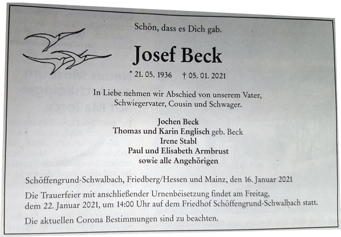 Josef Beck verstorben 05.01.2021 Josef Beck verstorben 05.01.2021
